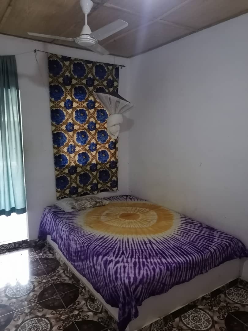 Photo principale du logement : A simple and comfortable room for two, featuring a double bed, private bathroom, and ceiling fan for a cool and relaxing stay.